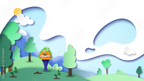 Papaer art of nature concept with woman planting tree.Landscape template background of environment and ecology conservation.Vector illustration.