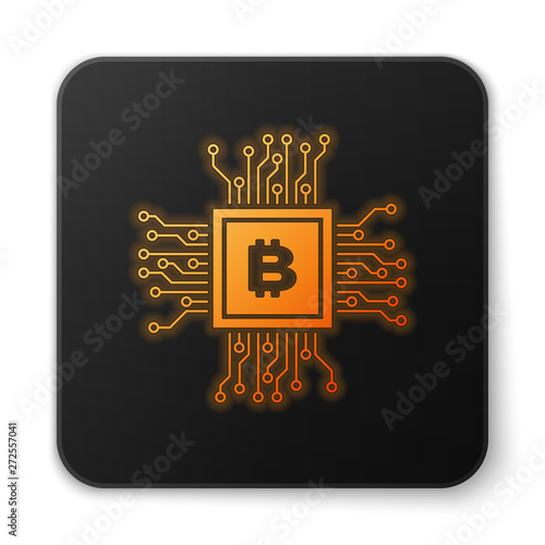 Orange glowing CPU mining farm icon isolated on white background. Bitcoin sign inside processor. Cryptocurrency mining community. Digital money. Black square button. Vector Illustration