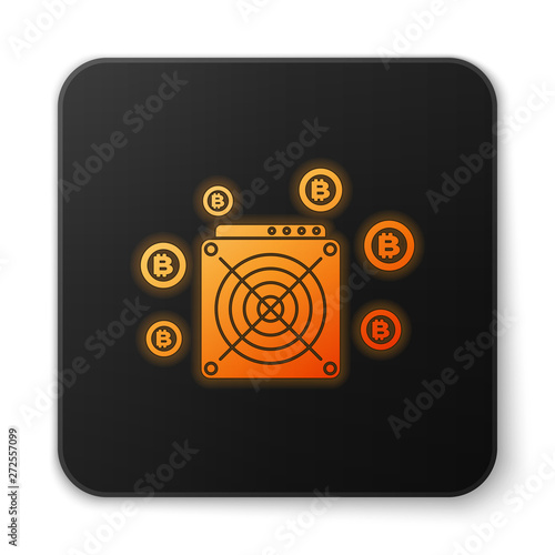 Orange glowing ASIC Miner icon isolated on white background. Cryptocurrency mining equipment and hardware. Application specific integrated circuit. Black square button. Vector Illustration