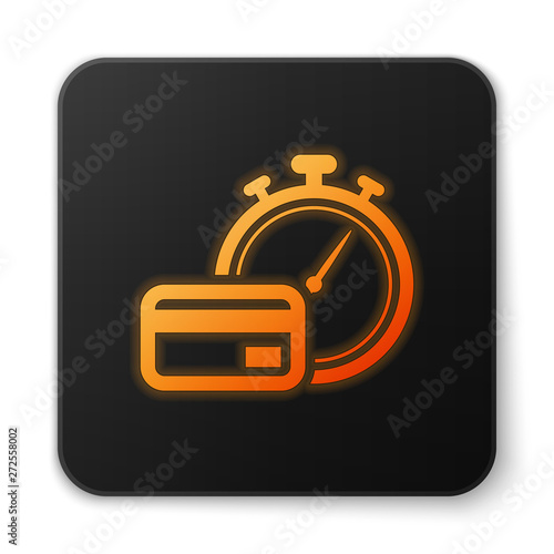 Orange glowing Fast payments icon isolated on white background. Fast money transfer payment. Financial services, fast loan, time is money, cash back concept. Black square button. Vector Illustration