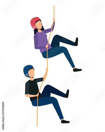 young couple climbing with ropes characters