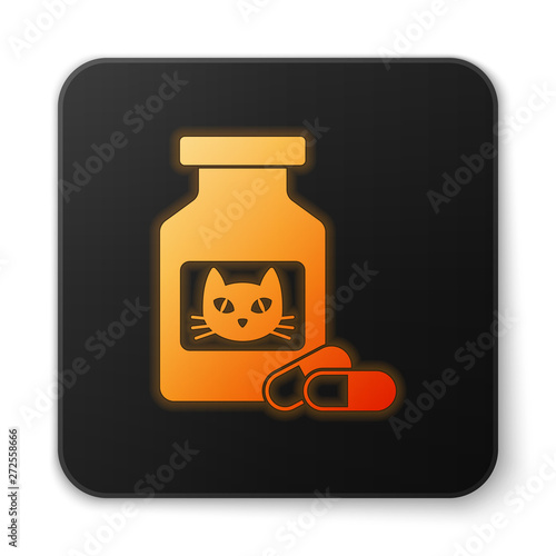Orange glowing Cat medicine bottle and pills icon isolated on white background. Container with pills. Prescription medicine for animal. Black square button. Vector Illustration
