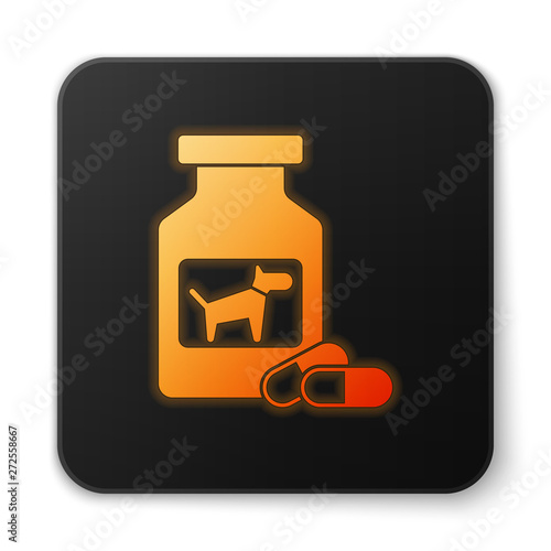 Orange glowing Dog medicine bottle and pills icon isolated on white background. Container with pills. Prescription medicine for animal. Black square button. Vector Illustration