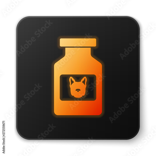 Orange glowing Dog medicine bottle icon isolated on white background. Container with pills. Prescription medicine for animal. Black square button. Vector Illustration