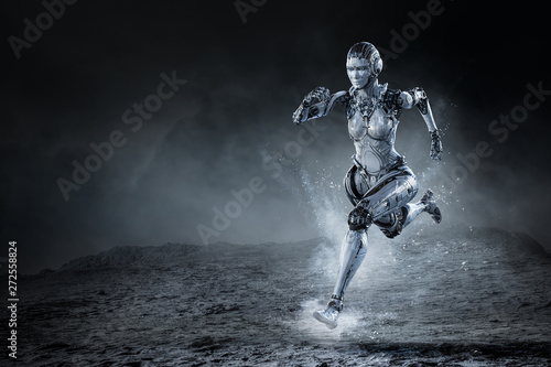 Cyborg silver running woman. Mixed media