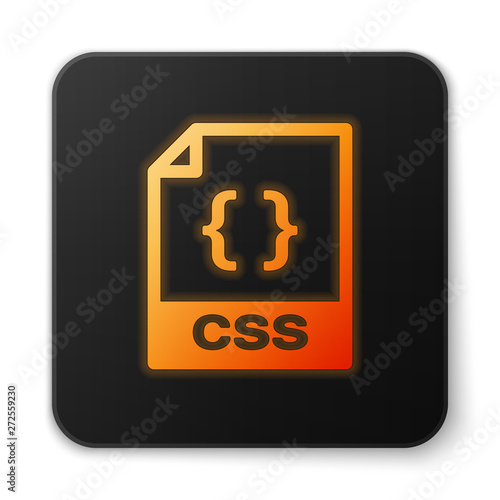 Orange glowing CSS file document icon. Download css button icon isolated on white background. CSS file symbol. Black square button. Vector Illustration