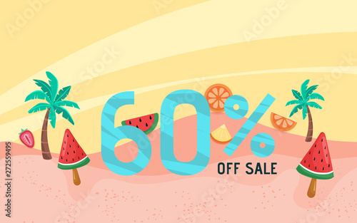 Summer sale banner holiday with beach scene.
