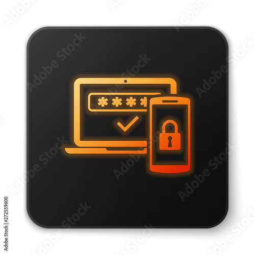 Orange glowing Multi factor, two steps authentication icon isolated on white background. Black square button. Vector Illustration