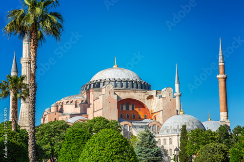 Beautiful view of Aya Sofia on a sunny clear day. Bright blue sky, magnificent landscape.