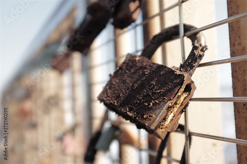 Rusty locks hanging on a mesh wire wall. Symbol of keeping the oath.
