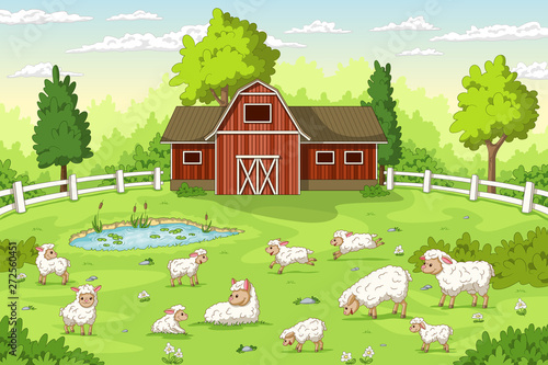 Cartoon sheep on a farm. Summer Landscape with red house and fence. 