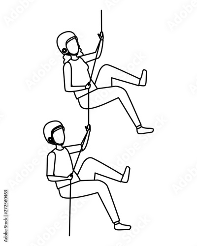 young couple climbing with ropes characters