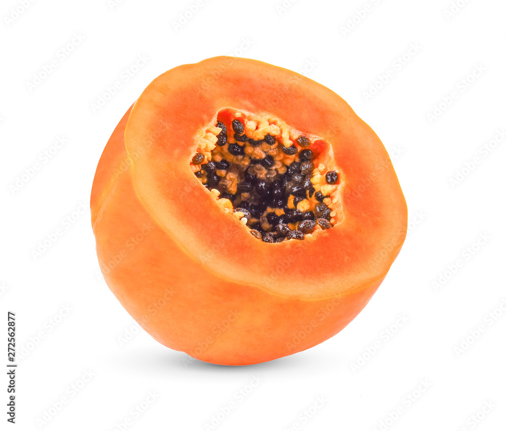 half of ripe papaya fruit with seeds isolated on white background.