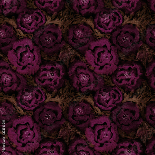 dark background with abstract roses painted in dark violet and brown colors