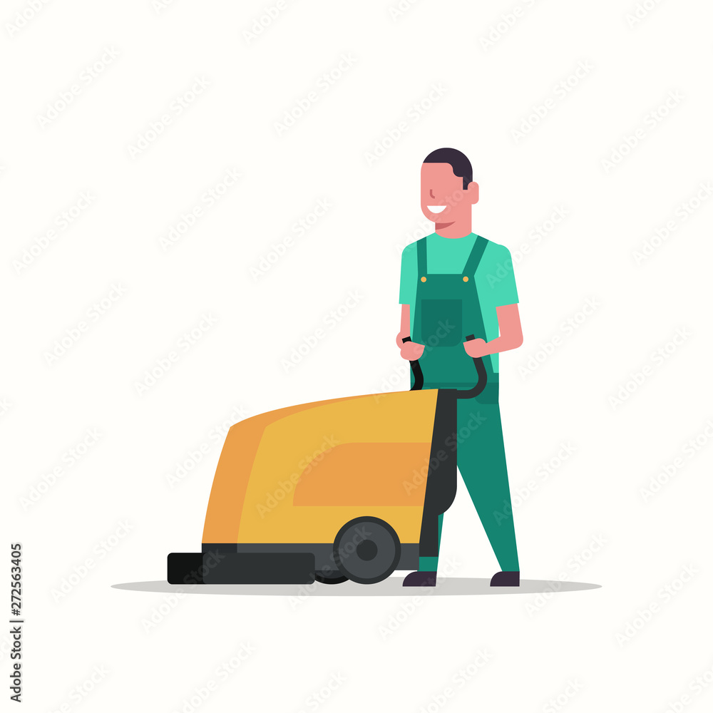 man holding professional washing machine male cleaner janitor in uniform cleaning service floor care concept flat full length man holding professional washing machine male cleaner janitor in uniform cleaning service floor care concept flat full length