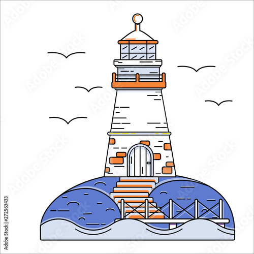 Lighthouse on seashore outline color illustration. Ocean skyline and birds in sky vector drawing. Marine navigational system. Old building at bay