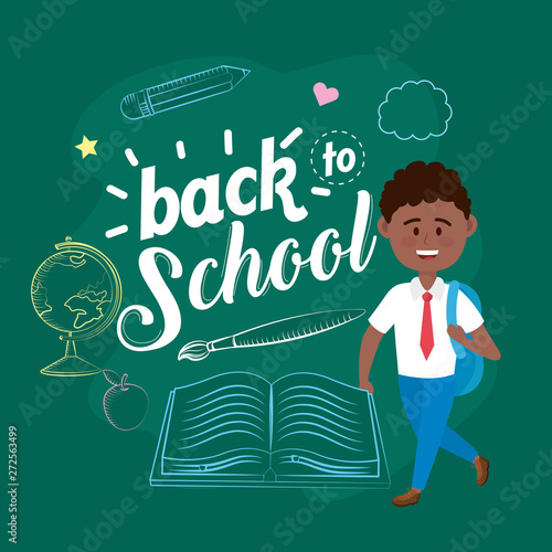 boy student with global map desk and book