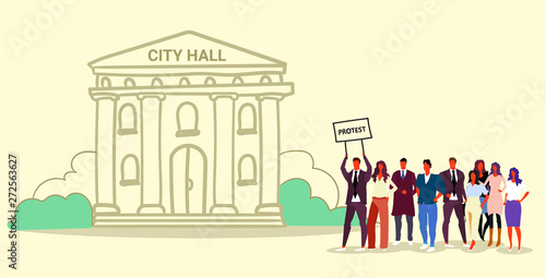 businesspeople group holding protest placard signboard people crowd standing together demonstration concept municipal government building city hall sketch doodle horizontal full length