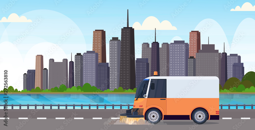 street sweeper truck machine cleaning process industrial vehicle urban road service concept modern cityscape background horizontal flat