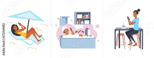 set girl sunbathing on lounger lying in bathtub and drinking coffee different relaxation digital addiction concepts collection flat horizontal