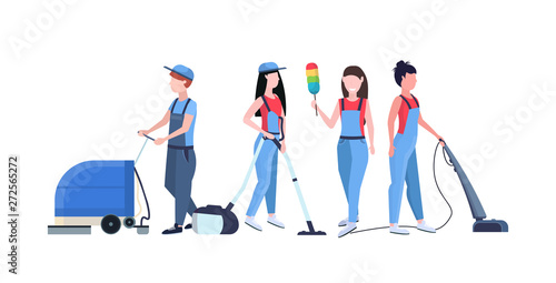 janitors team cleaning service concept male female cleaners in uniform working together with professional equipment flat full length horizontal