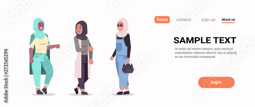 arabic women in hijab discussing arab girls wearing headscarf traditional clothes standing together communication concept full length horizontal copy space flat