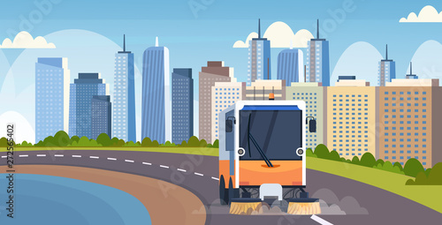 street sweeper truck machine cleaning process industrial vehicle urban road service concept modern cityscape background horizontal flat