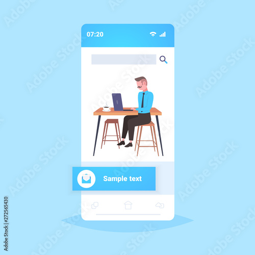 businessman sitting at workplace desk business man using laptop working process concept flat full length smartphone screen mobile application