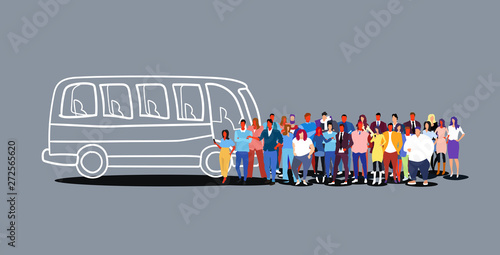 group of people passengers waiting for tour bus tourists men women crowd at city public transport station sketch doodle horizontal photo