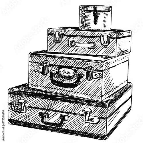 Vintage Cartoon Sketch of Luggage Stacked for Travel Briefcases and Hat Box