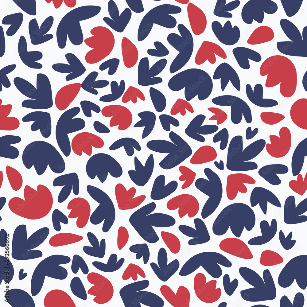 Cute cartoon shapes seamless pattern in red, white and blue colors. Fun,  lively all over print, great for textiles, stationery, gift wrapping paper,  fashion and paper and stationery products. Stock Vector |