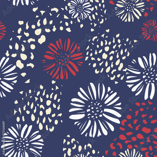 Americana flower fireworks seamless pattern in red,white and blue colors. Great for celebrating patriotic holidays like the 4th of July, home decor items, fashion, textiles, and party decorations.