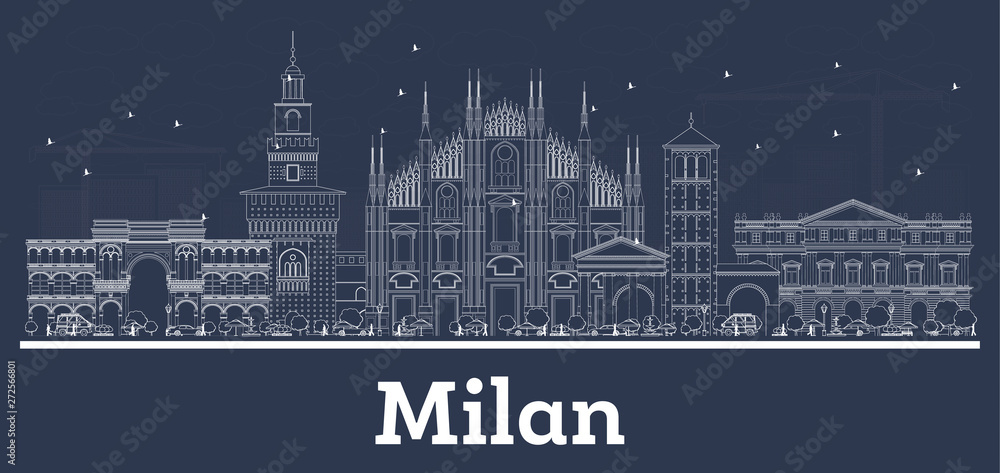 Outline Milan Italy City Skyline with White Buildings.