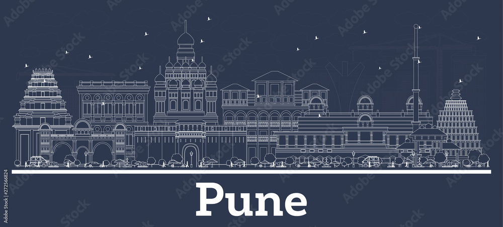 Outline Pune India City Skyline with White Buildings.