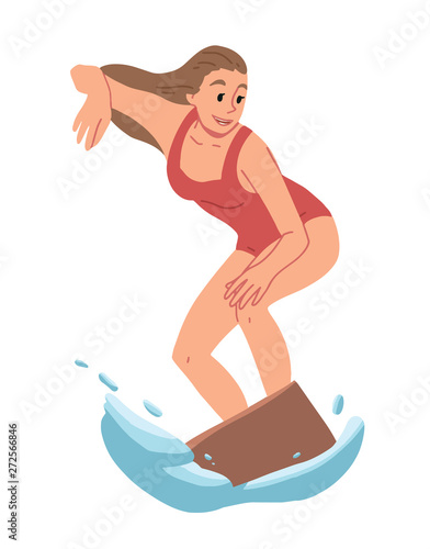 Girl surfing, riding on the water. Summer leisure.