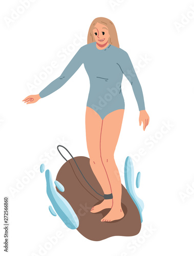 Girl surfing, riding on the water. Summer leisure.