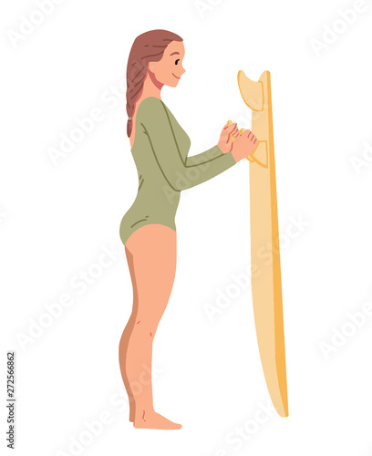 Girl standing with surfboard. Summer leisure.