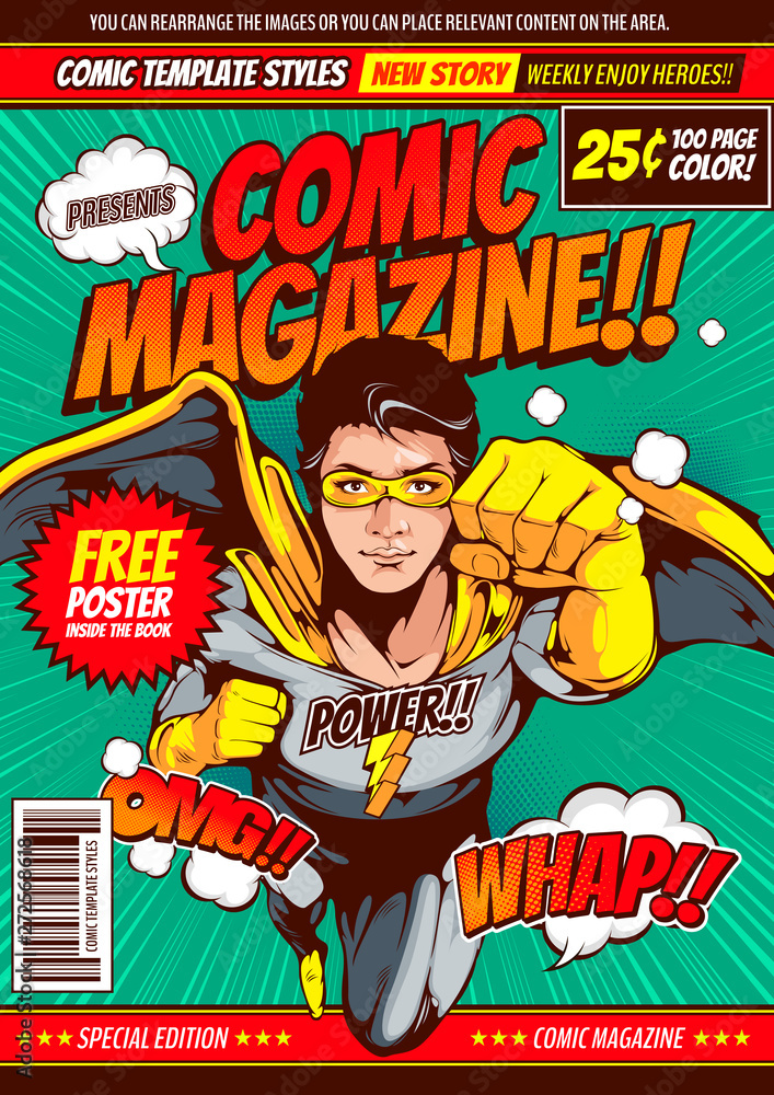 comic cover template background, flyer brochure speech bubbles, doodle ...