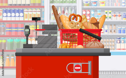 Bread products in shopping basket checkout. Supermarket interior. Whole grain wheat and rye bread, toast, pretzel, ciabatta, croissant, bagel, french baguette, cinnamon bun. Flat vector illustration