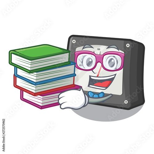 Student with book amperage meter above the cartoon table