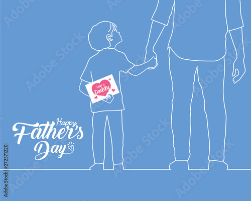Happy Father's Day copy space. Hand drawn cartoon son holding father's hand with a card written text "Love you daddy" in white line art style isolated on plain blue background. 