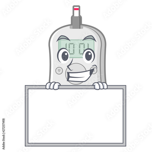 Grinning with board diabetes check machine in character shape