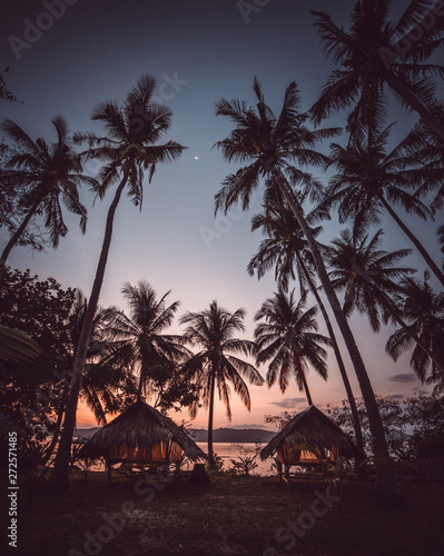 Two tents in a desert island with palm trees by sunset