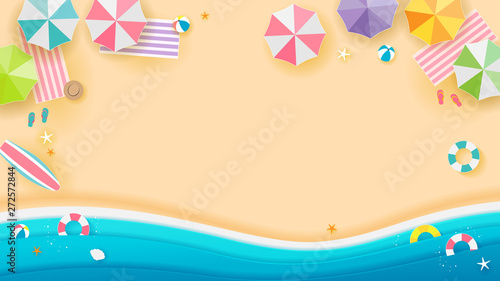 Summer beach Background vector illustration, Top view of beach. Paper art style.