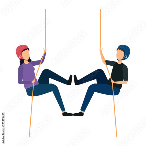 young couple climbing with ropes characters