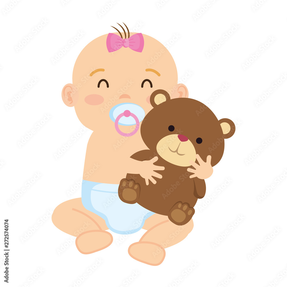 cute little baby girl with bear teddy character cute little baby girl with bear teddy character
