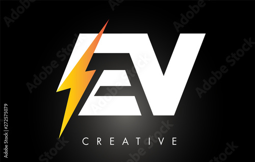 EV Letter Logo Design With Lighting Thunder Bolt. Electric Bolt Letter Logo