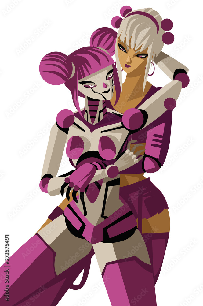 cyberpunk science fiction woman with female robot sensual couple cyberpunk science fiction woman with female robot sensual couple