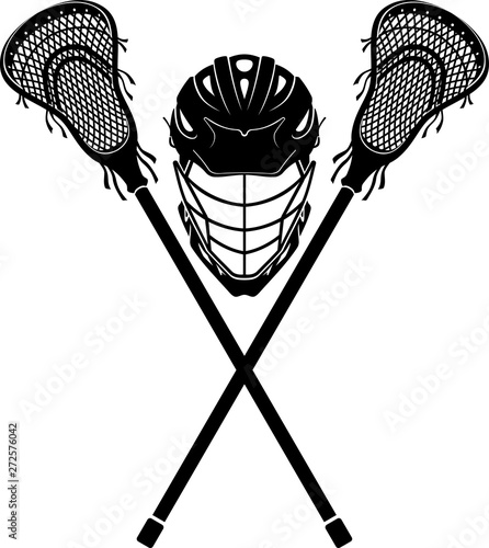 Lacrosse Gear, Sports Helmet and Crossed Lacrosse Sticks