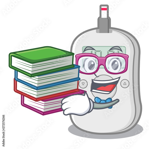 Student with book diabetes check machine above mascot table